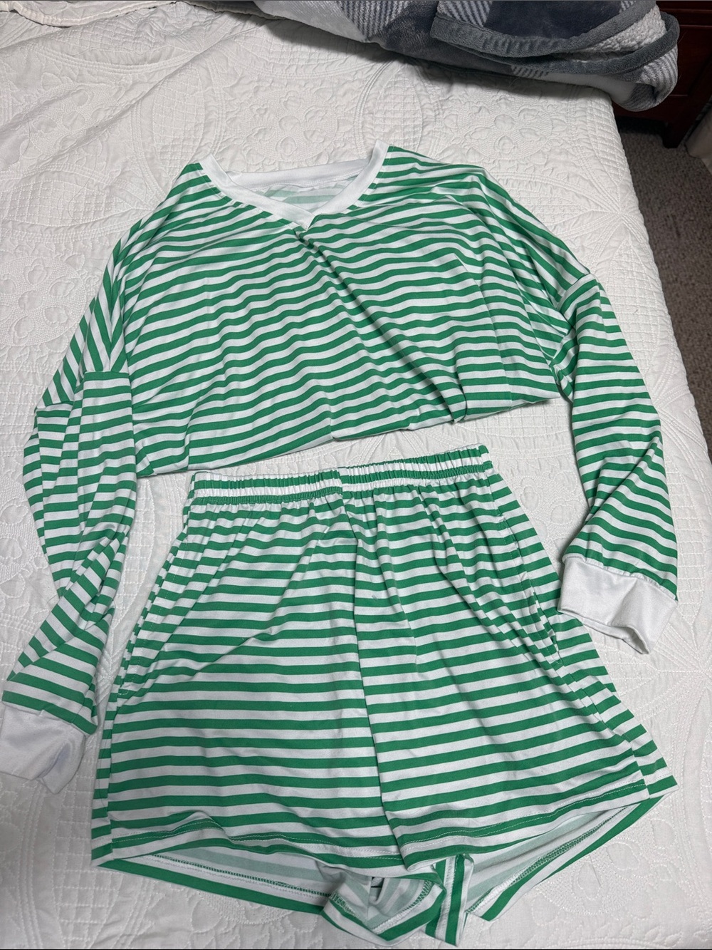 Women’s Green & White Striped Pajama Set - Long Sleeve Top & Shorts -